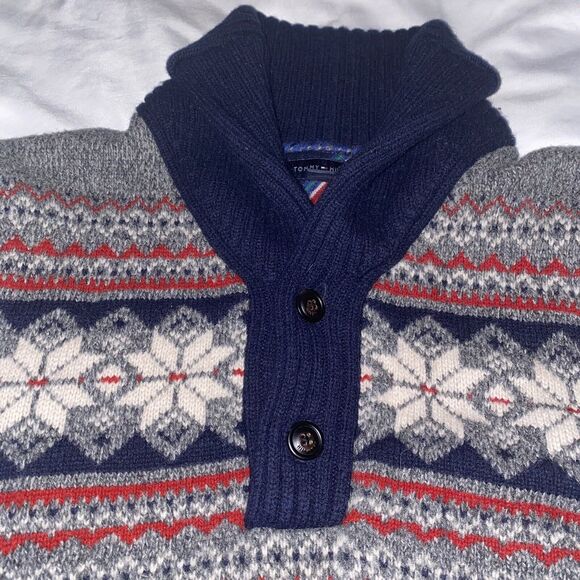 Tommy Hilfiger‎ Navy Red Fair Isle Lambswool 1/4 Sweater Button Men Size Small - Picture 3 of 11